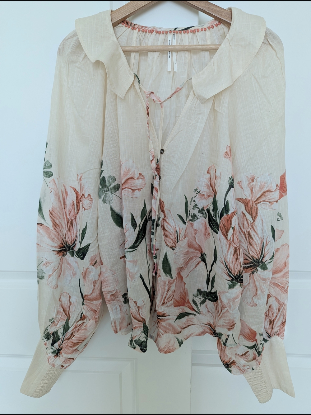 Anthropologie Floral Peasant Blouse L Balloon Sleeve Smocked Cuff Boho Feminine - Picture 7 of 10